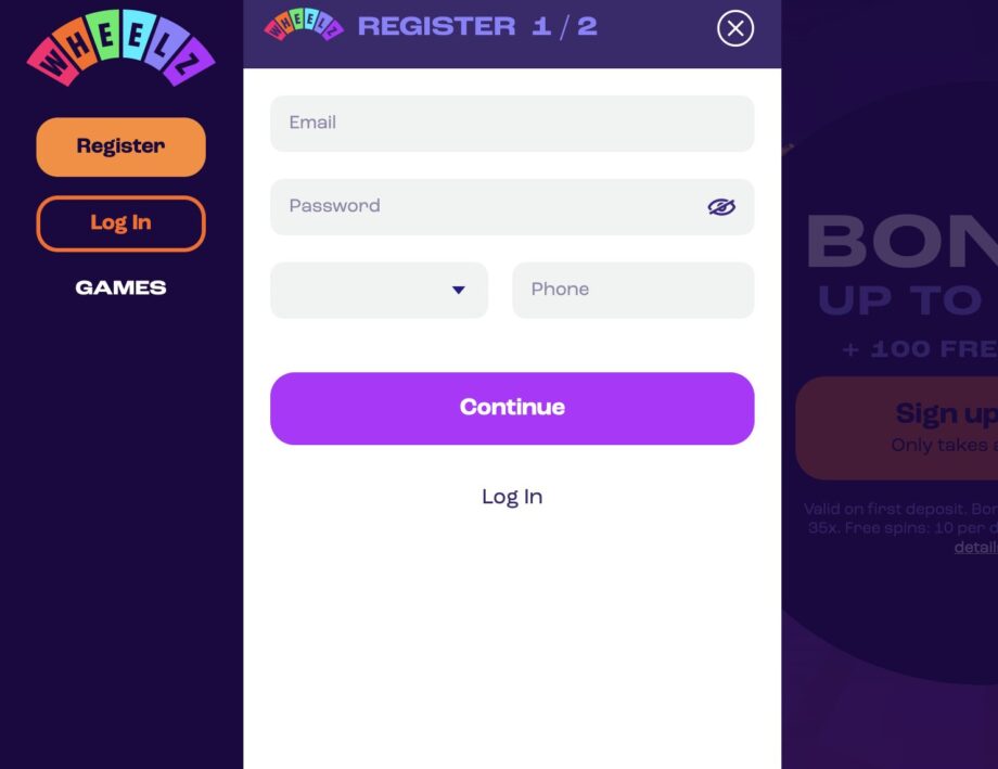 Wheelz Casino registration